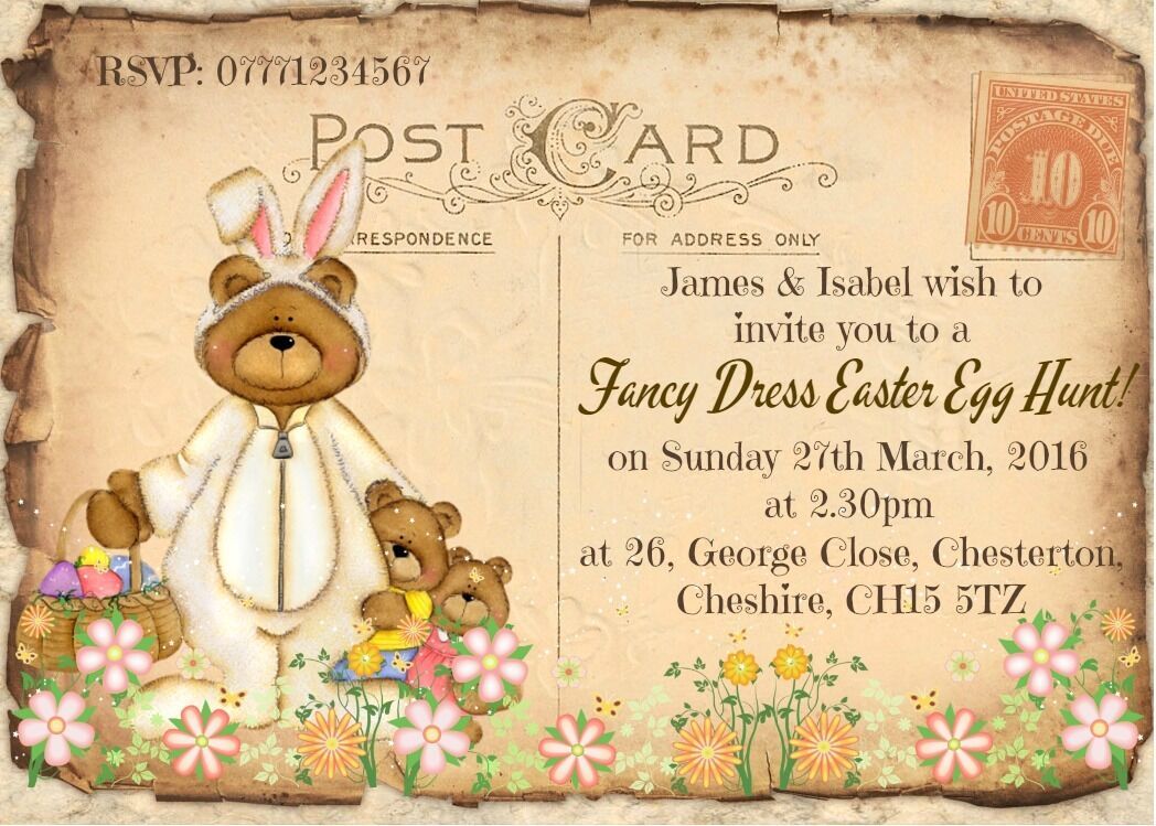 4 x Tatty Postcard Easter Invitations & Envelopes