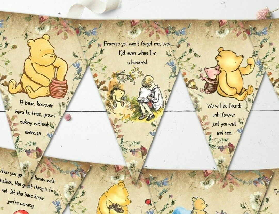 Laminated Winnie the Pooh Vintage Style Wildflowers Bunting/Banner & Ribbon