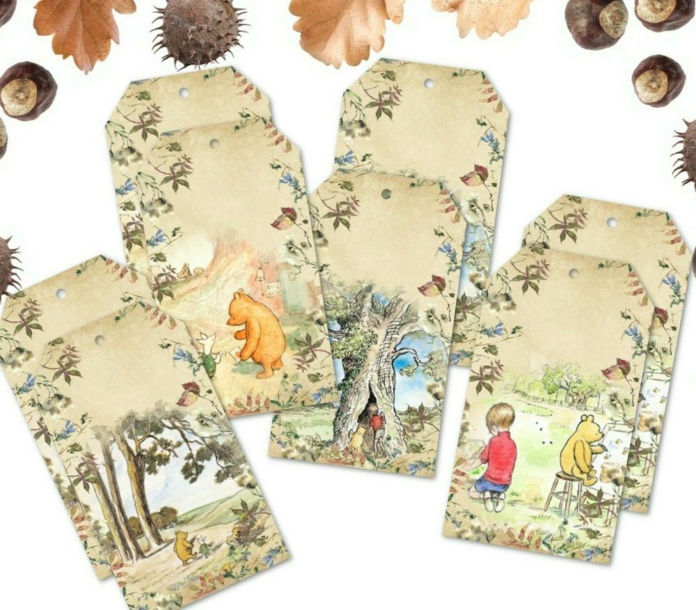 8 Wildflower Vintage Style Winnie the Pooh Gift Tags & Ribbon