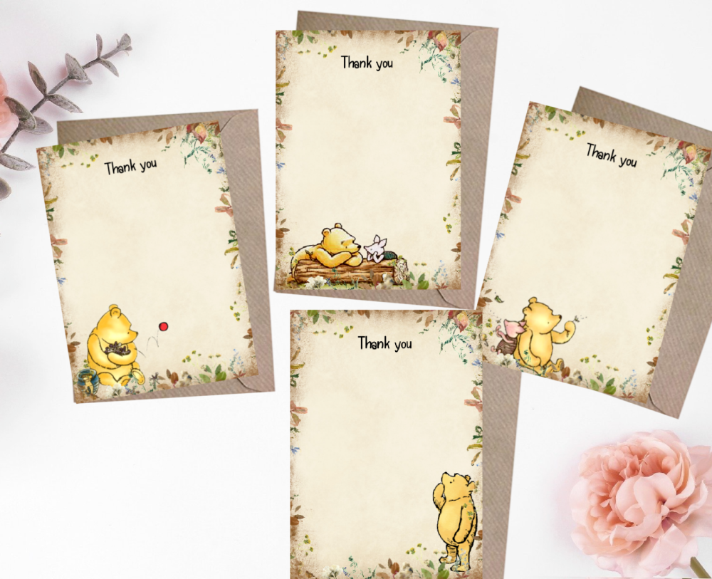 4 Winnie the Pooh Single Sided Thank you Cards & Envelopes
