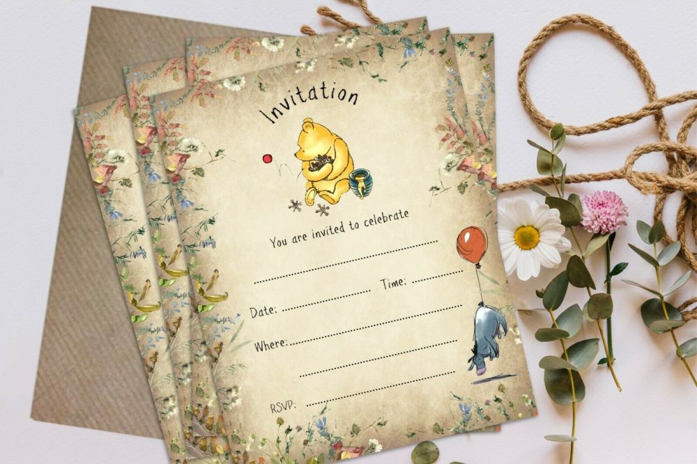 Winnie the Pooh Christening, Baby Shower, Birthday Invitations & Envelopes