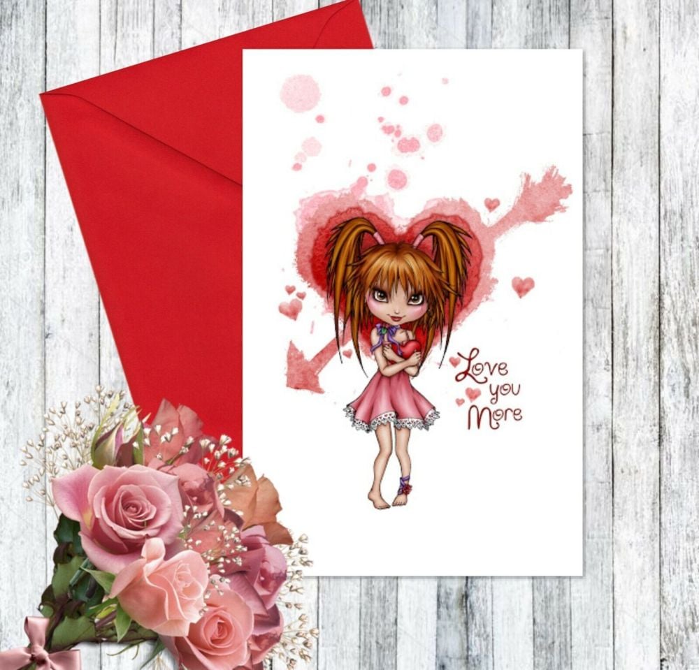'Love You More' Pink Gothic Valentine's Greetings Card & Envelope