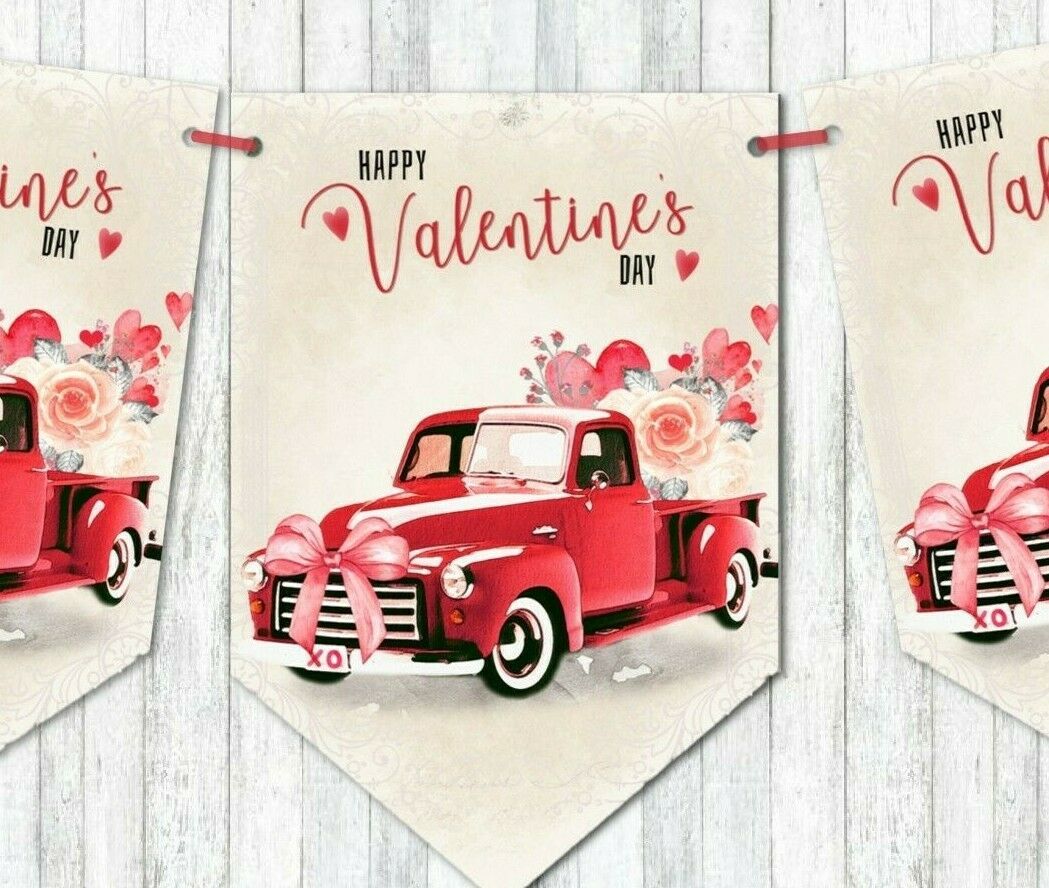 American Red Truck Floral Happy Valentine's Day Banner Bunting Decoration