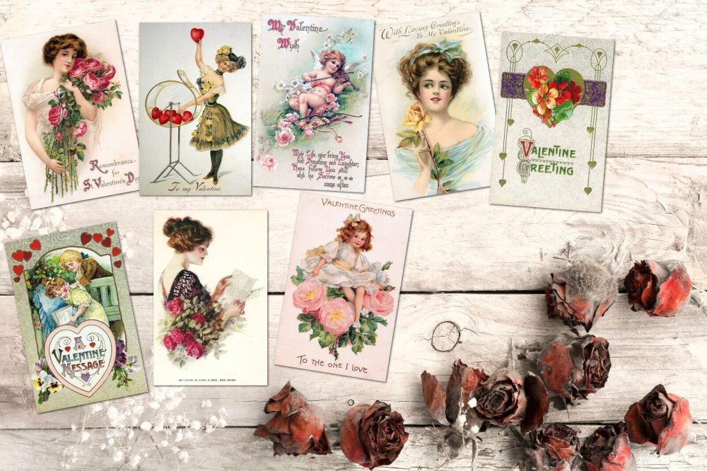 8 Vintage Valentine Pink ATC Cards Tags Embellishments - With or Without Holes
