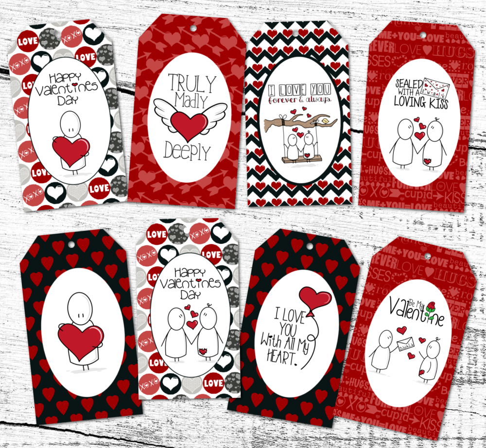 8 Valentines Hearts Stick Figure Romantic Love Gift Tags & Ribbon