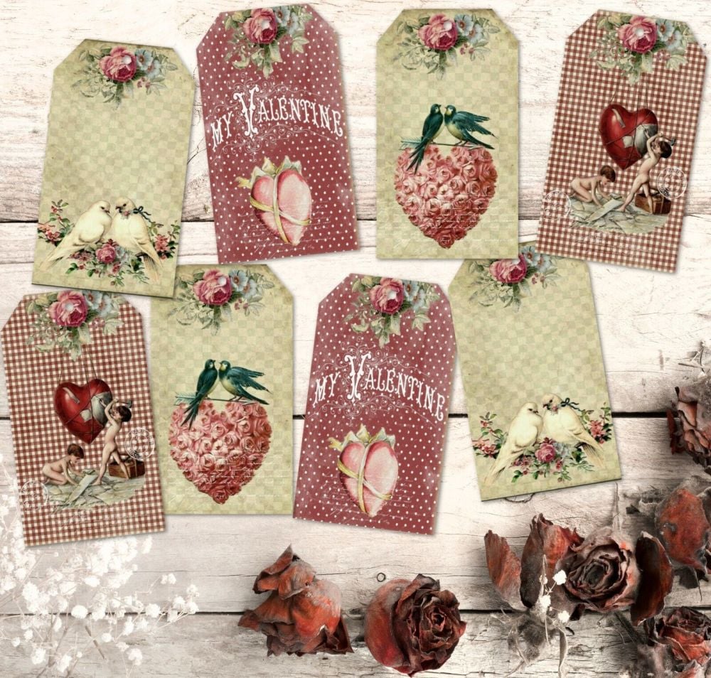 8 Vintage Victorian Style Valentines Themed Gift Tags & Ribbon
