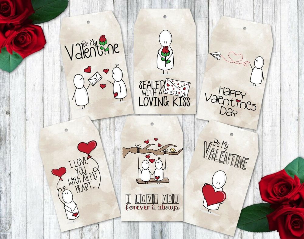 6 Novelty Stick People Valentines Themed Gift Tags & Ribbon
