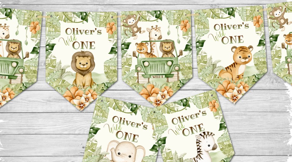 Personalised Wild ONE Party Jungle Safari Bunting/Banner & Ribbon - Any Occasion