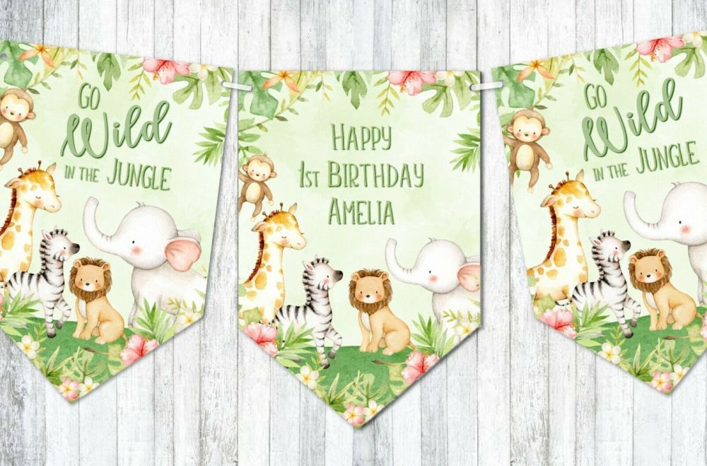 Jungle Safari Personalised 'Go Wild in the Jungle' Party Bunting/Banner & R