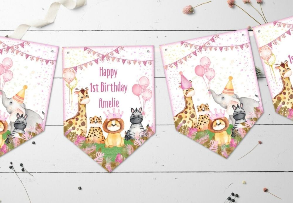 Pink Jungle Safari Personalised Bunting - Christening Baby Shower Birthday Party