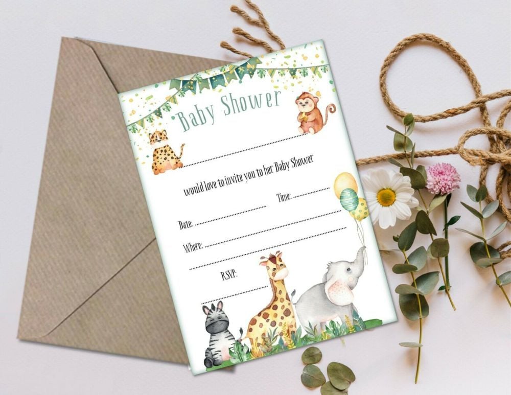 6 Jungle Safari Baby Shower Invitations & Envelopes