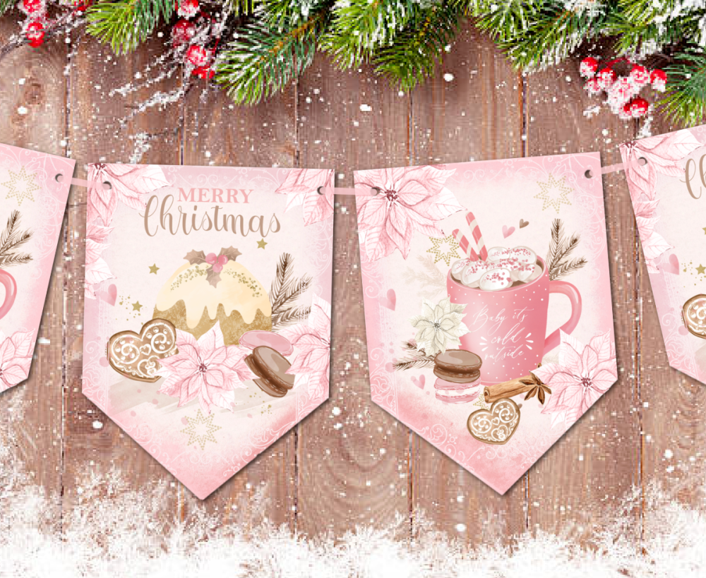 Baby It's Cold Outside Pink Hot Chocolate Cocoa Christmas Bunting/Banner