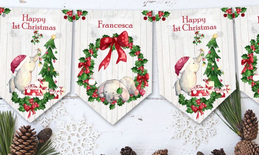 Personalised Baby Ellie First Christmas Bunting/Banner & Ribbon