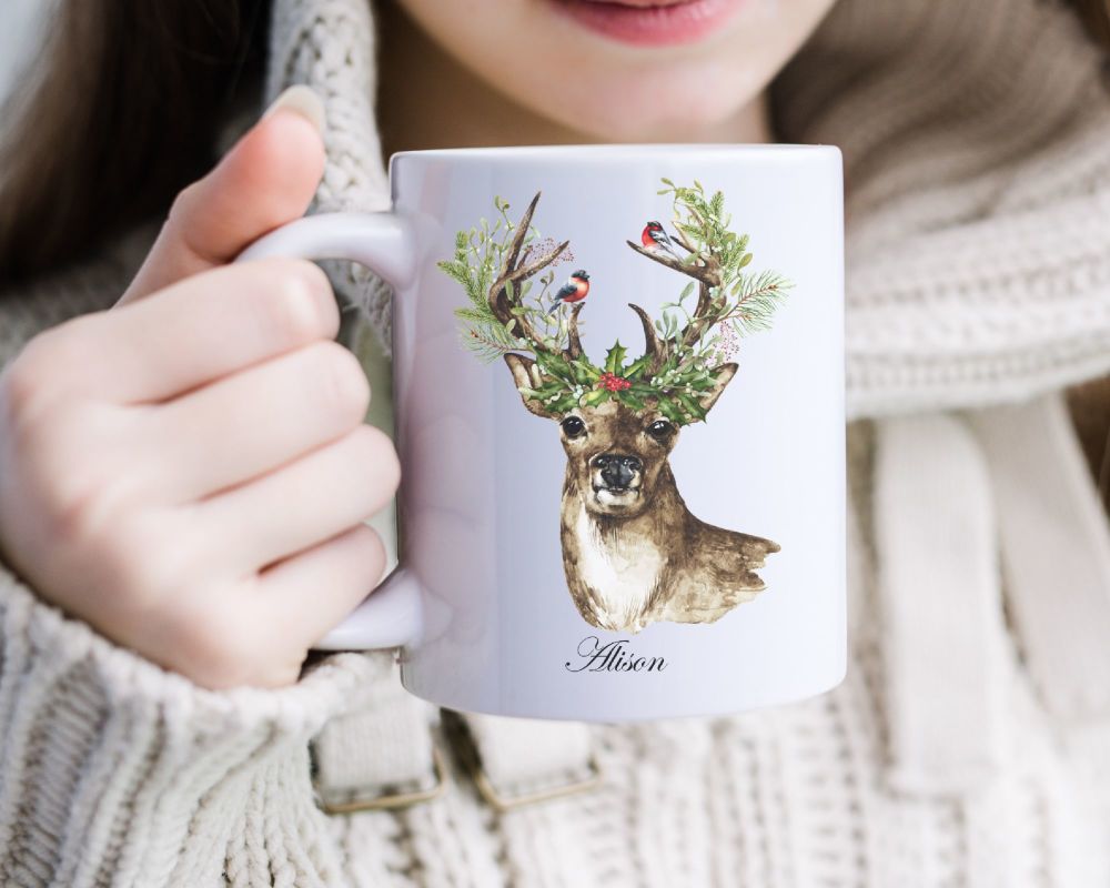 Personalised Christmas Eve Mug Gift Reindeer Holly Finches & Mistletoe