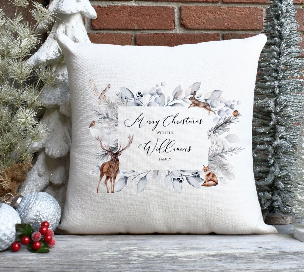 Personalised Woodland Forest Animals Linen Effect Christmas Cushion Cover G