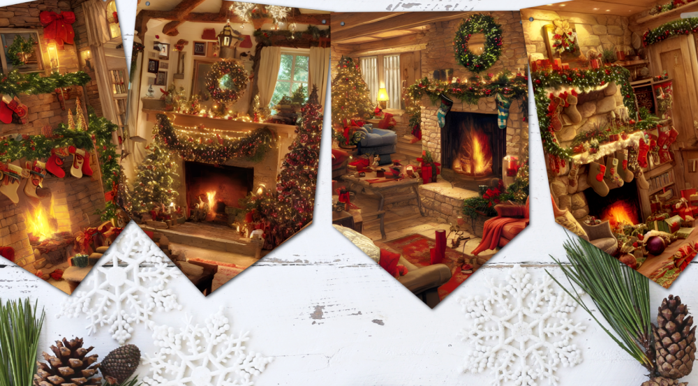 Christmas Cottage Fireplace Original Artwork Christmas Bunting Decoration