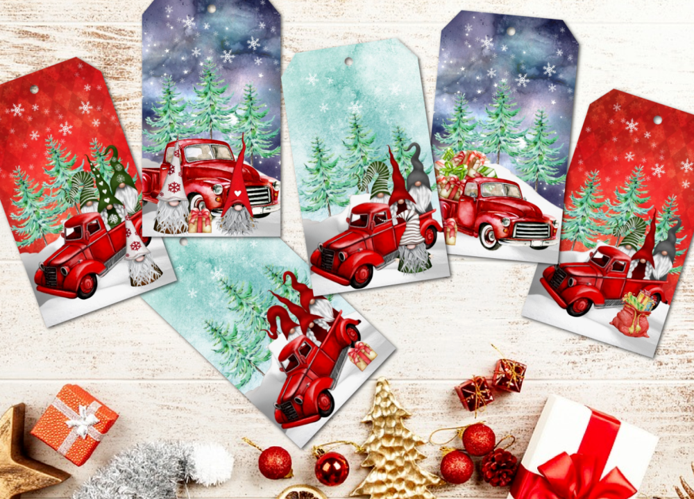 6 Red Truck and Scandi Gnomes Gift Tags & Natural Jute Twine
