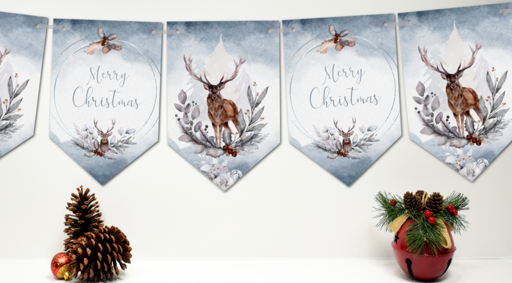 Winter Woodland Forest Stag Christmas Bunting/Banner & Ribbon