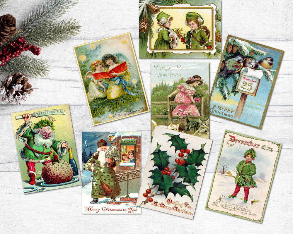8 Vintage Retro Green Santa Victorian Christmas Card Style ATC Tags/Toppers