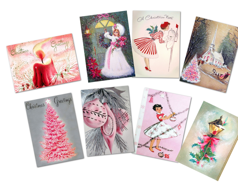 Set of 8 Vintage Retro Shades of Pink 50's/60's Style Christmas ATC Tags/To