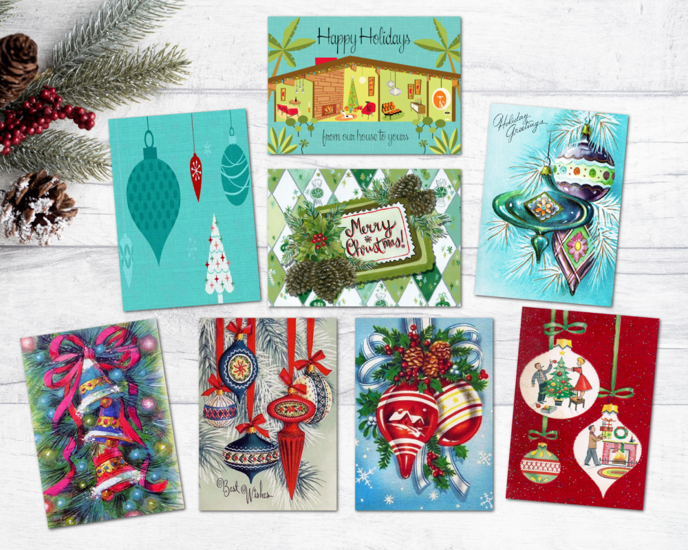 Set of 8 Vintage Retro Ornaments 50's/60's Style Christmas ATC Tags/Toppers