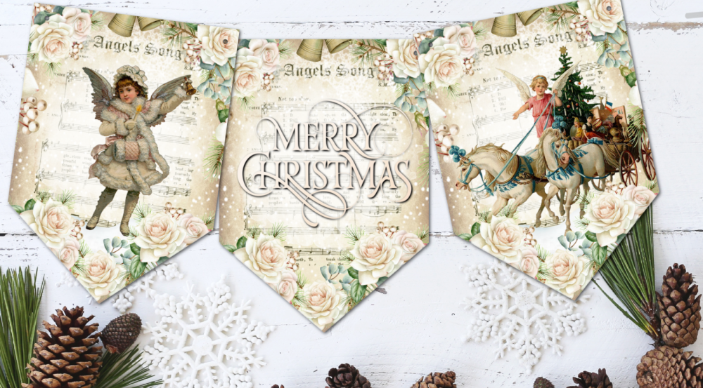 Christmas Bunting Cream Rose Floral Victorian Vintage Style Bunting Decorat