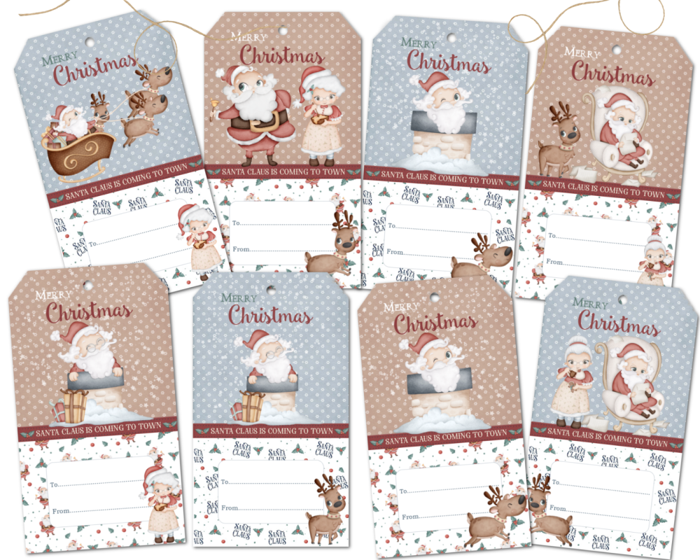 8 Santa Claus & Mrs Claus Cute Christmas Gift Tags & String