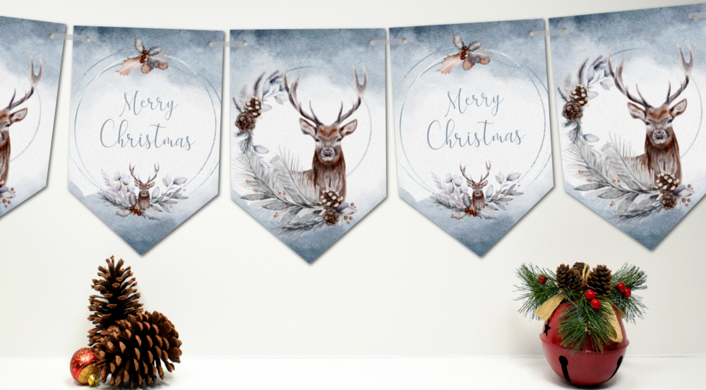Winter Woodland Stag's Head Christmas Bunting/Banner & Ribbon