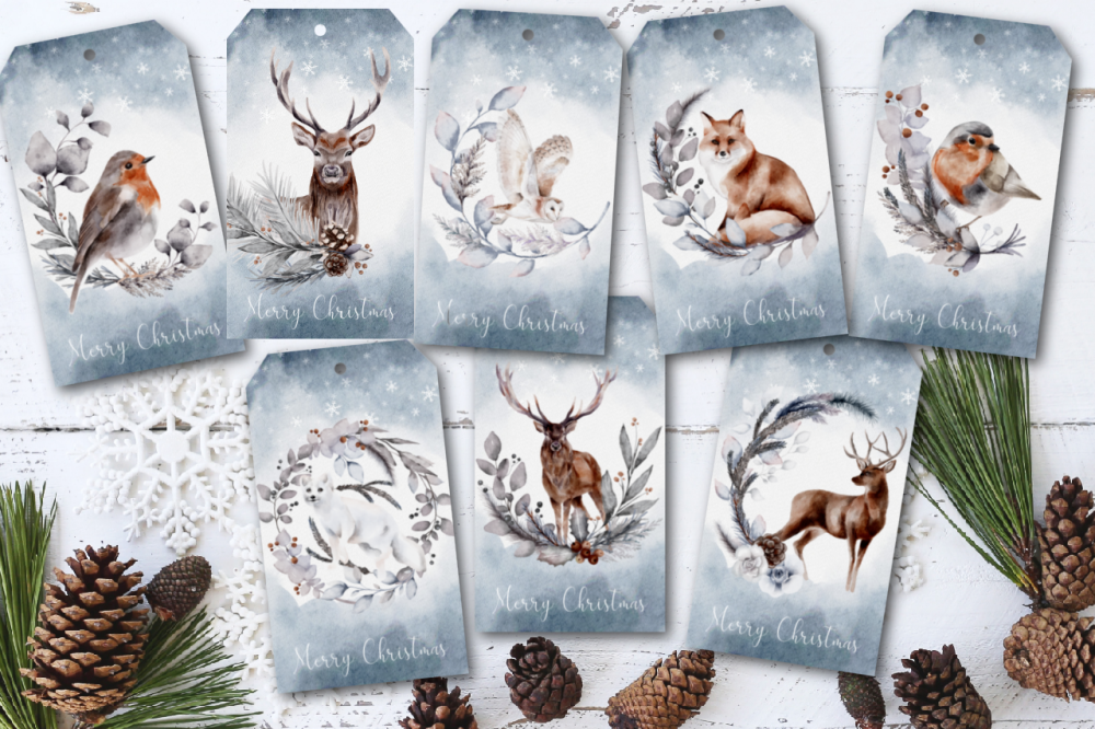 8 Winter Woodland Animals Christmas Gift Tags & Ribbon