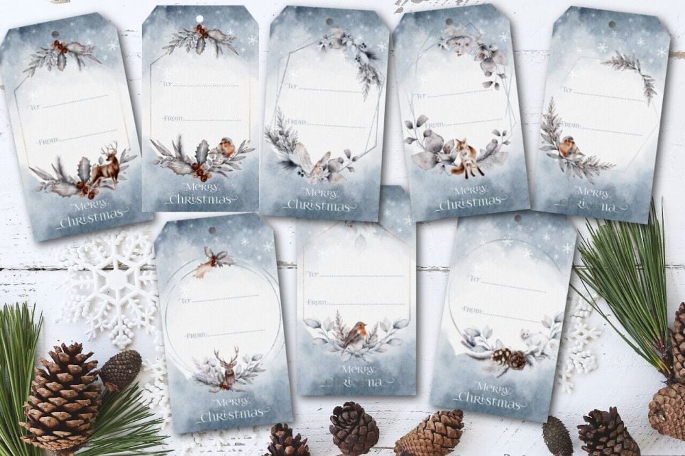 8 Winter Woodland Animal Frames Christmas Gift Tags & Ribbon