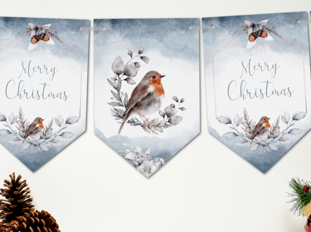 Winter Woodland Robin Christmas Bunting/Banner & Ribbon