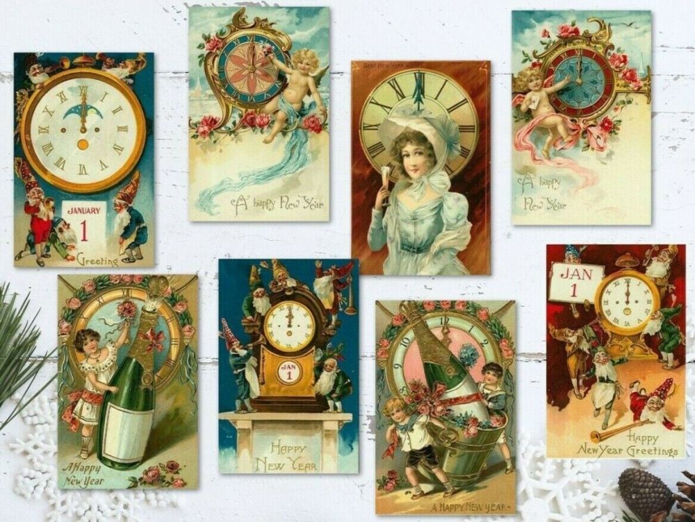 8 Traditional Vintage Style New Year ATC Tags/Toppers