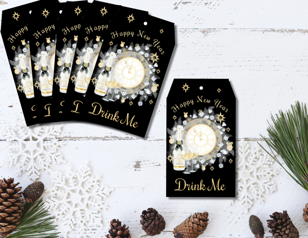 6 Happy New Year 'Drink Me' Gift Tags & Ribbon