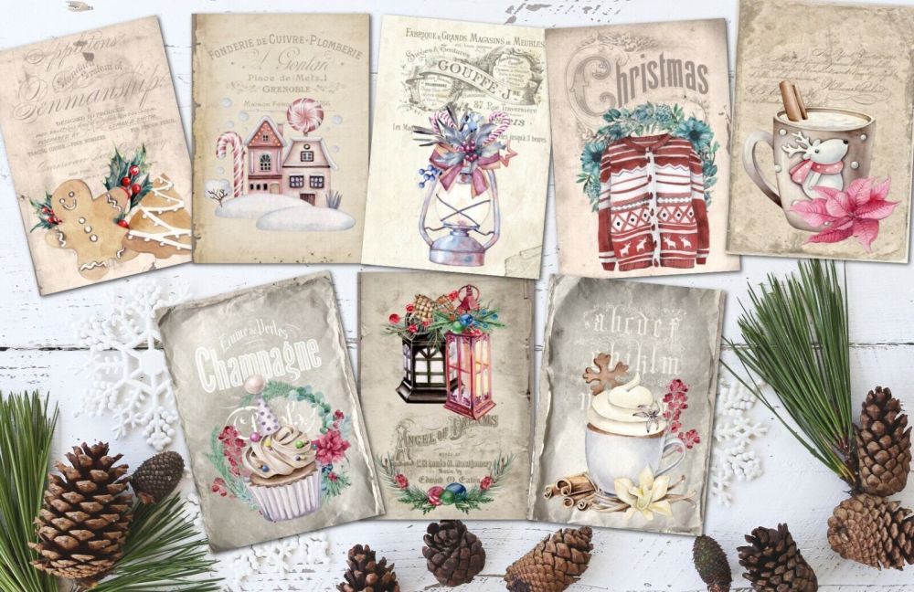 8 Traditional Vintage Sweet & Cosy Christmas ATC Tags/Toppers
