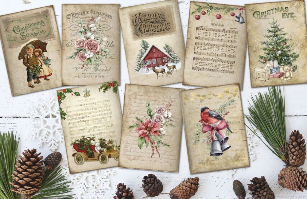 8 Traditional Vintage Shabby Style Assorted Christmas ATC Tags/Toppers