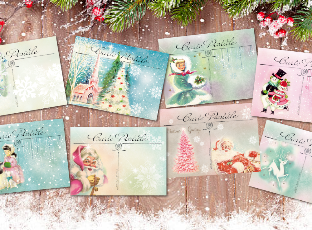 8 Traditional Vintage Postcard Style Pink & Blue Christmas ATC Tags/Toppers
