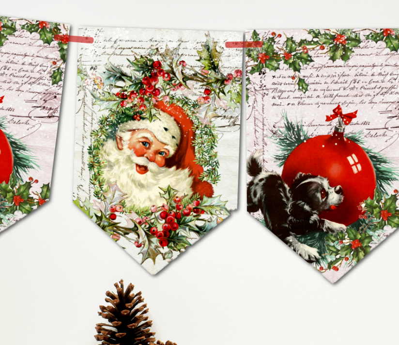 Jolly Santa & Puppy Christmas Holidays Vintage Style Banner Bunting Decorat