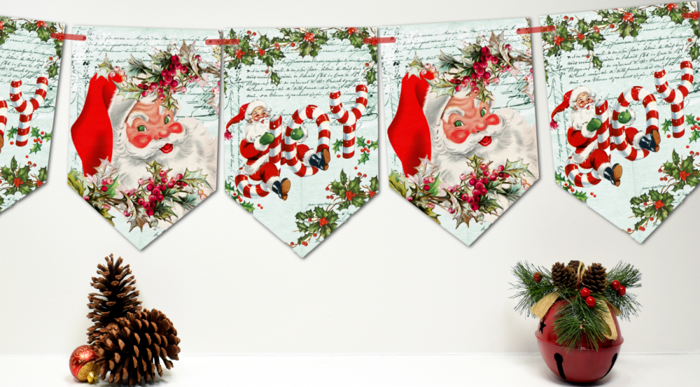 Santa's Joy Christmas Holidays Vintage Red and White Banner Bunting Decorat