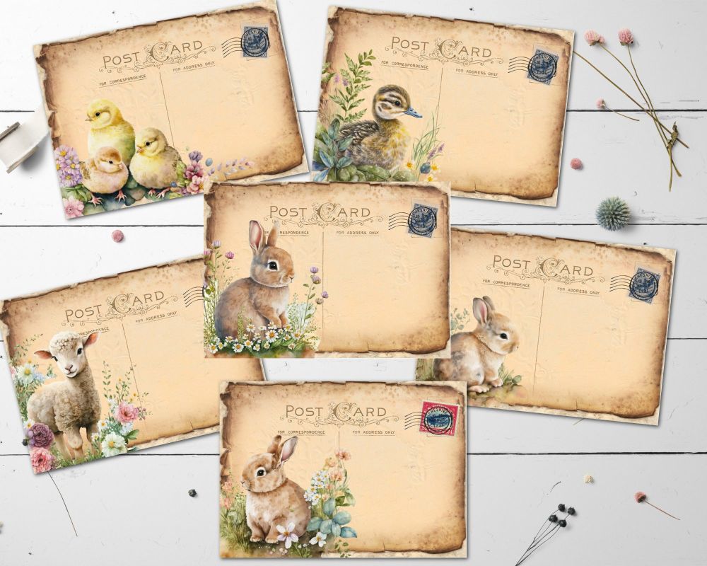 6 Easter Post Cards Bunnies Chicks & Spring Lamb Floral Vintage Tatty Style