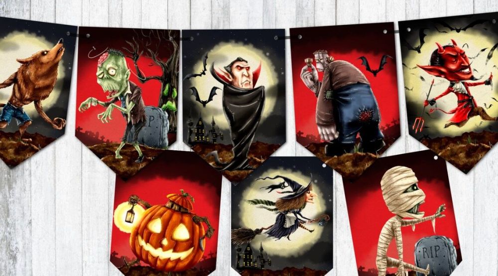 Spooktakular Halloween Bunting Witches Vampires Pumpkins Bats Party Decoration