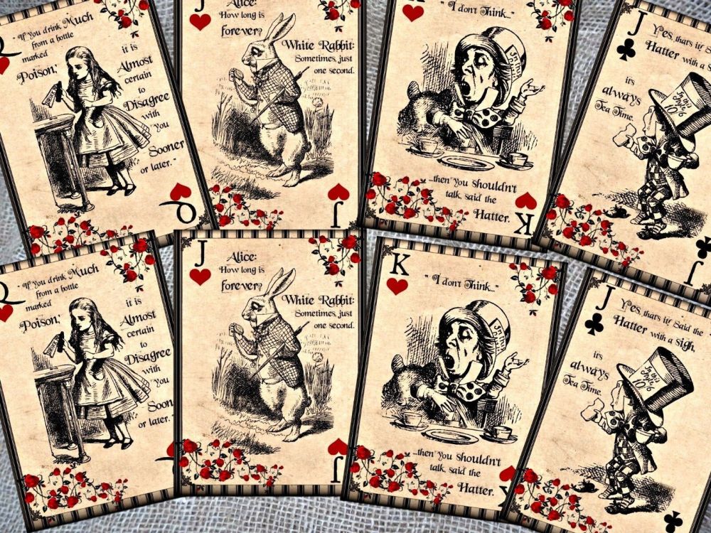 8 Alice in Wonderland Themed Playing Cards - Table Decorations,Tags,Toppers