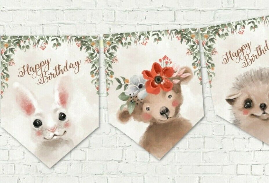 Cute Woodland Forest Animals Birthday Party Bunting/Banner & Ribbon - 10 Flags