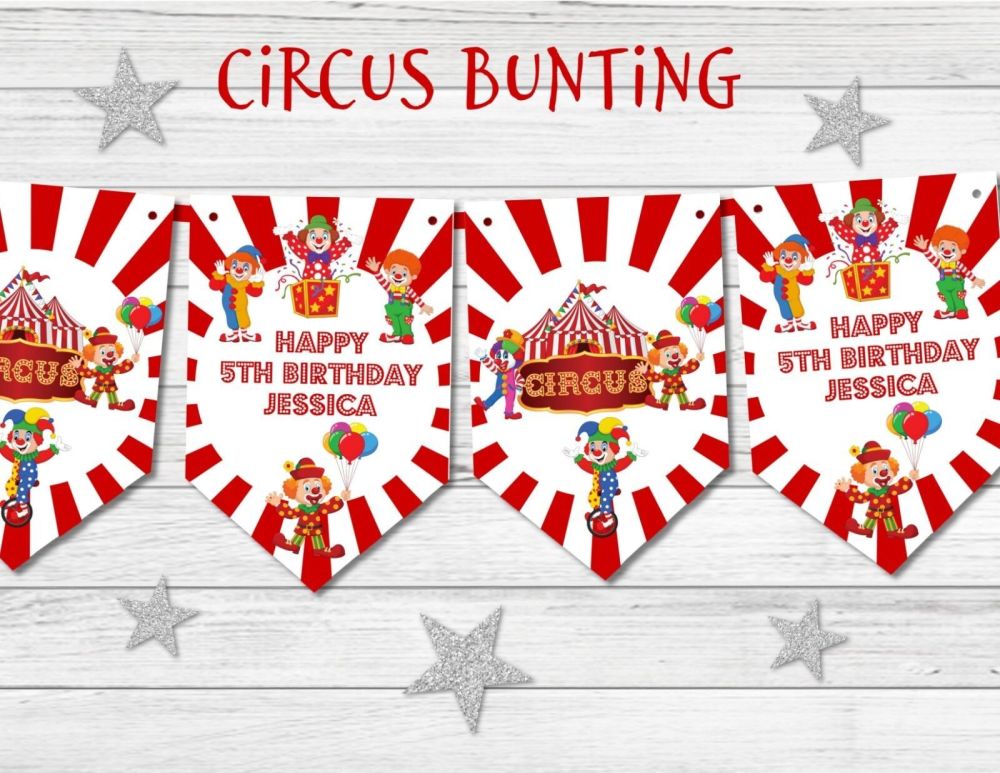 Personalised Circus Clowns Party Bunting/Banner & Ribbon - 3m