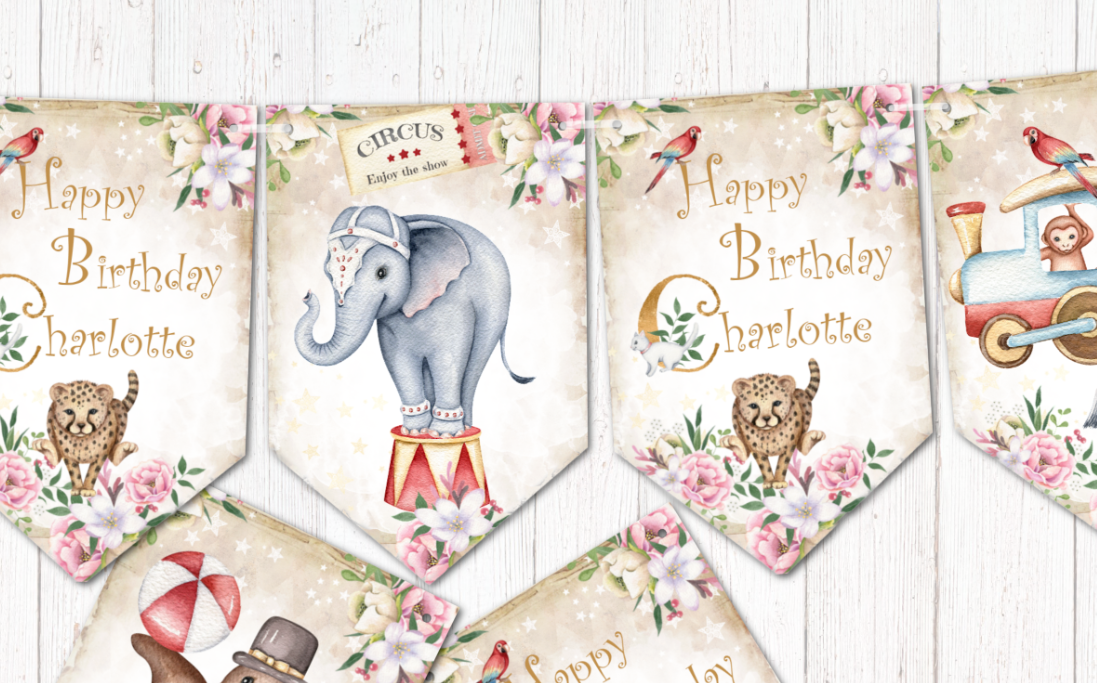 Personalised Animal Circus Carnival Greatest Show Party Bunting/Banner & Ribbon