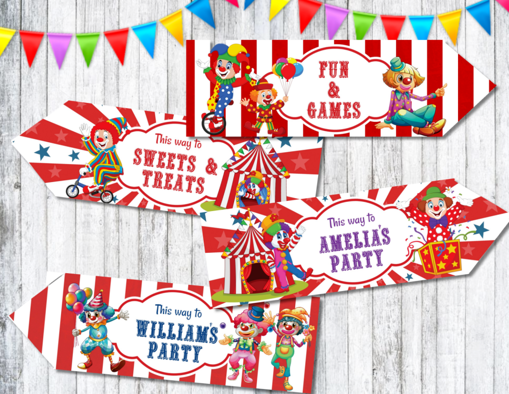 Set of 4 Personalised Circus Clowns Party Decoration Arrows