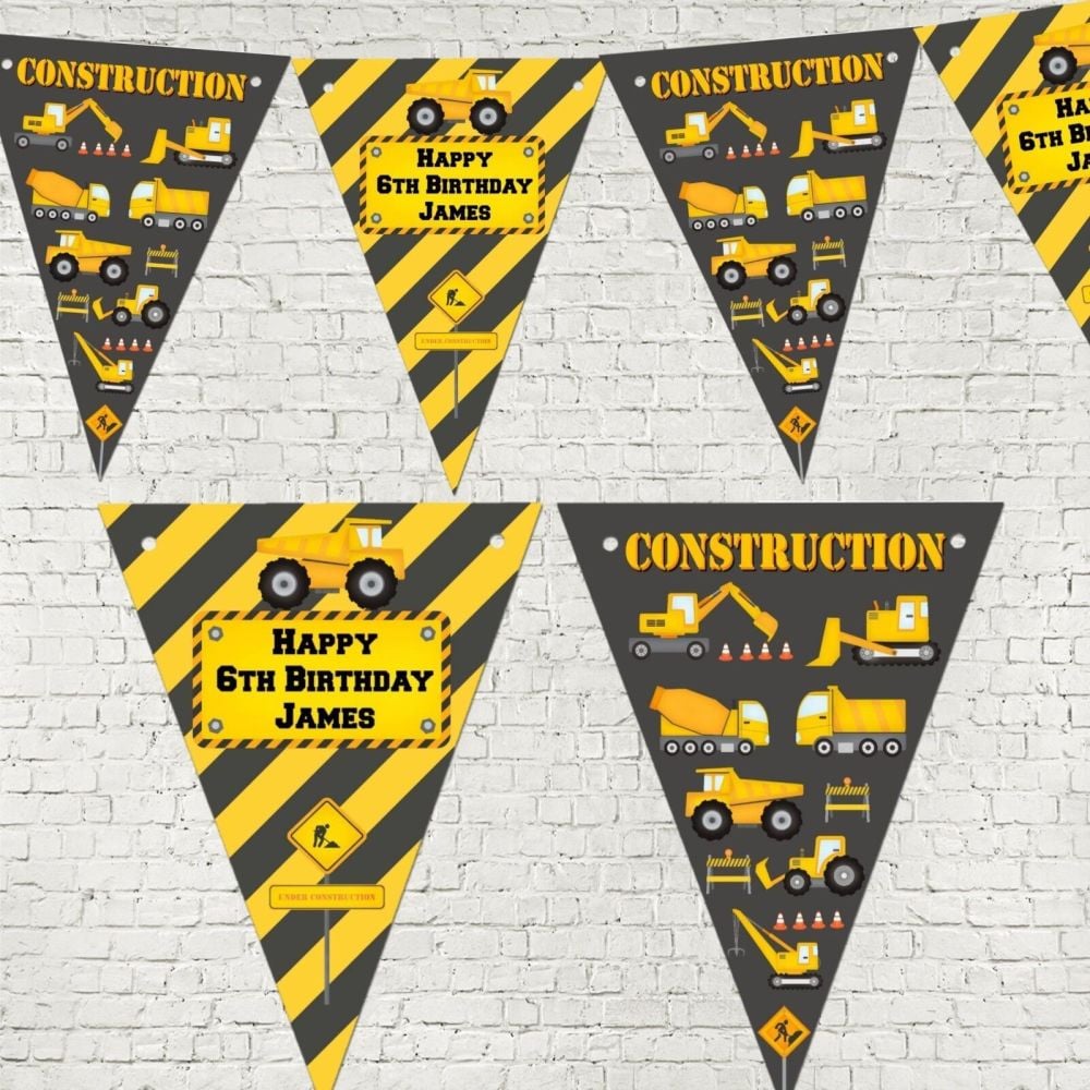 Personalised Construction Digger Bunting/Banner with Organza Ribbon - 3m