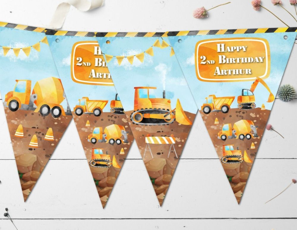 Personalised Construction Site Digger Bunting/Banner with Organza Ribbon