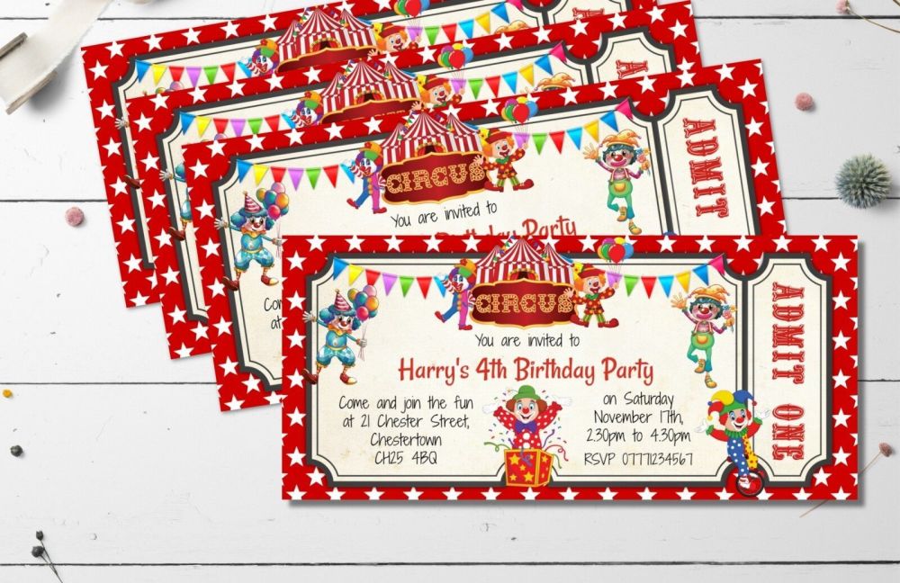 Circus Clown Personalised Invitations & Envelopes