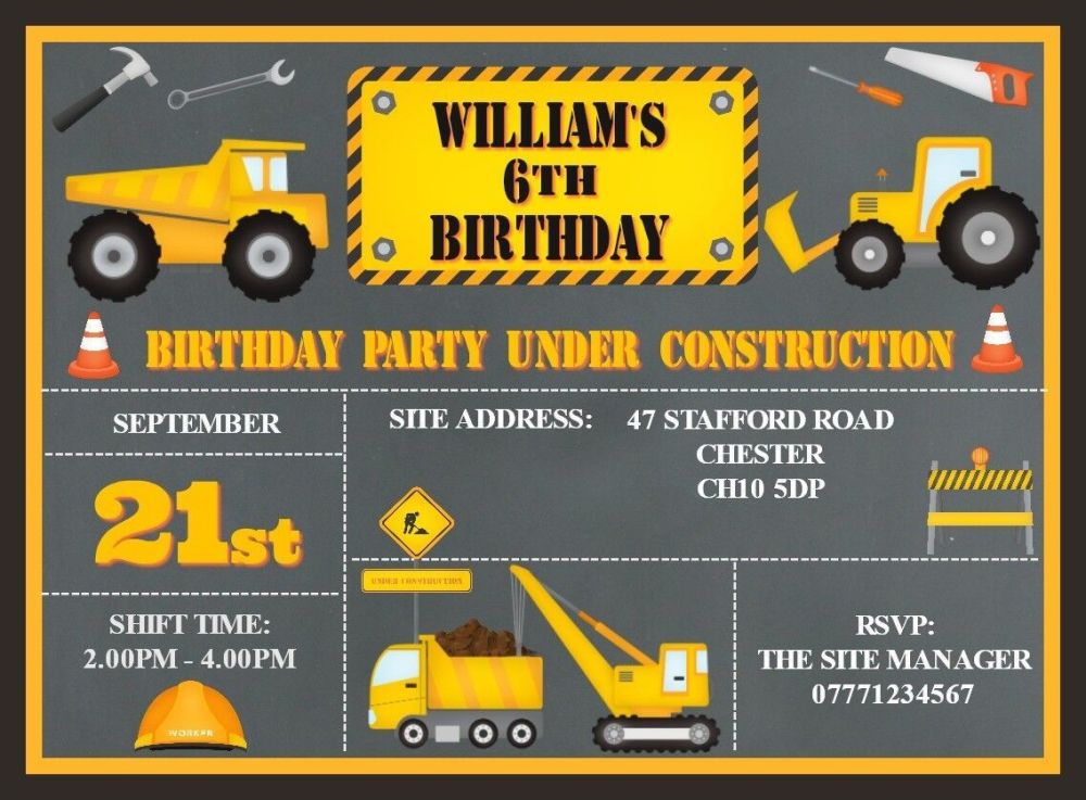 Personalised Construction Building Site Party Invitations & Envelopes