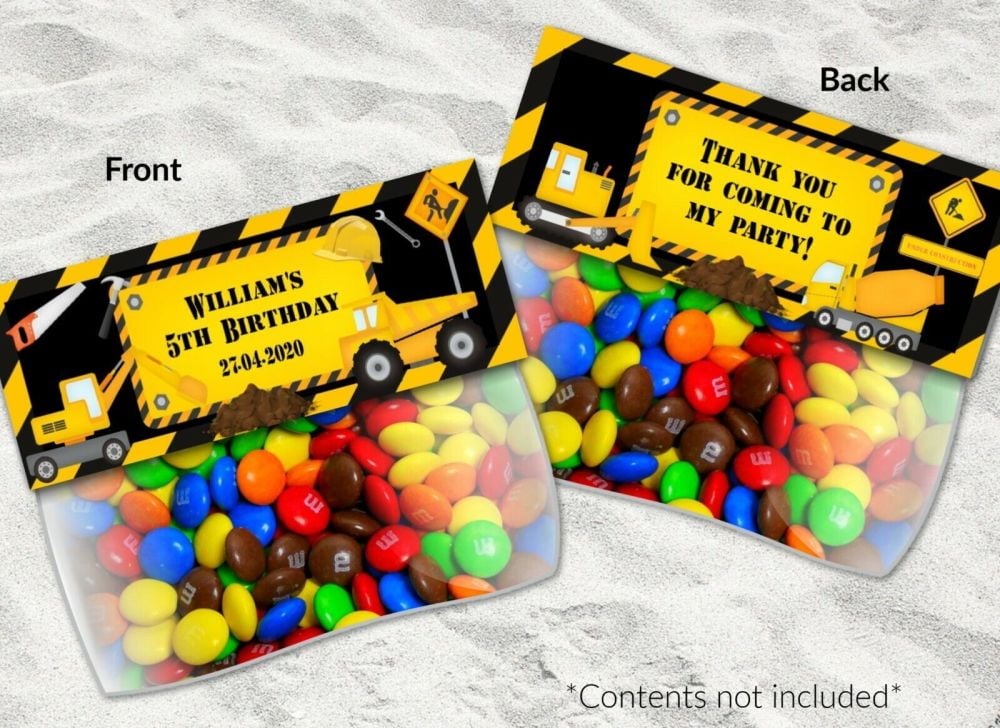 4 Personalised Construction Site Party Cellophane Sweet Bags & Card Toppers